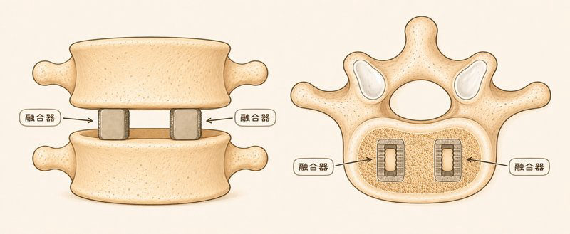 單通道內視鏡融合手術於同一節椎間盤放置兩個融合器示意圖